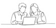 © Gerish - businessman and woman having a discussion two people working together at a laptop computer continuous line drawing, Business activities concept. Single line draw design vector graphic illustration.