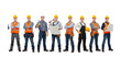 © Nusaybah - Construction Crew in Formation: A team of skilled construction workers, adorned in their protective gear and helmets, stands in a row. Displaying diverse tools, plans, and equipment.