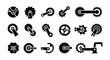 © Shabana - Mechanical gear icons, black and white, 20 industrial symbols, vector graphics, engineering tools, machinery elements, gearwheels