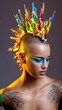 © www.freund-foto.de - Kreatives Beauty-Editorial: Frau mit aufwendigem bunten Süßigkeiten-Kopfschmuck und blauen Augen-Make-up. Farbenfroh und verspielt