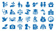 © Iconique Studio - Collection of blue icons representing social responsibility, human rights, community, health, education, and global care concepts