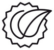 © Rupali - Eco-friendly organic certification badge vector icon. Minimalist black line art illustration of a leaf inside a jagged circular seal, representing natural products, sustainability, and nature.