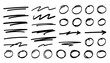 © Creative Lab - Hand drawn doodle vector set of underlines and circles, playful sketchy ink pen highlight marks, scribble loops, emphasis accents, and annotation elements for text, notes, and creative design projects