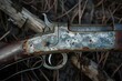 © Edu Estellez - Rusty antique rifle lying outdoors with corrosion. AI-generated.
