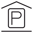 © AlSadiMd - Black line art vector illustration of a parking garage icon with a letter P symbol inside a frame under a house roof, representing indoor vehicle parking, car park, or garage facility.