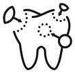 © Rabia - Dental Restoration and Tooth Filling Vector Icon. Minimalist Black Line Art Illustration of a Molar with Dotted Repair Areas and Arrows for Stomatology and Oral Healthcare Concepts.