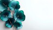© kim jji - Elegant teal and blue green 3D abstract fan shaped leaves on white background with copy space for luxury botanical branding.