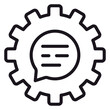 © Mdraza - Black vector icon illustration of a gear cogwheel containing a speech bubble with text lines, symbolizing automated communication, chat settings, technical support, and messaging optimization.