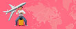 © Prostock-studio - A person sits on a yellow suitcase, holding a travel document while smiling. A large airplane graphic flies above, showing travel routes on a pink background.