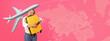 © Prostock-studio - A young girl smiles and hugs a yellow suitcase as an airplane flies overhead. The backdrop shows a map with pink colors. This scene captures the joy of preparing for a trip.