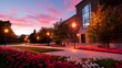© olegganko - Colorful Flowers Line the Pathway During Sunset at a University Campus in the Evening