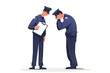 © 奈美 北橋 - 謝罪し反省する制服姿の警備員。職務上のミスやトラブル、指導を象徴するクリップボードを持ったスタッフのフラットベクターイラスト素材