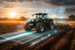 © Jørgsson Photography - Autonomous tractor working farmland at sunrise with holographic data overlays, showcasing precision agriculture technology, smart farming innovation and futuristic crop management.