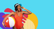 © Prostock-studio - A woman wearing a swimsuit holds an inflatable ball while looking playfully to the side. She stands against a bright blue background, ready for summer fun.