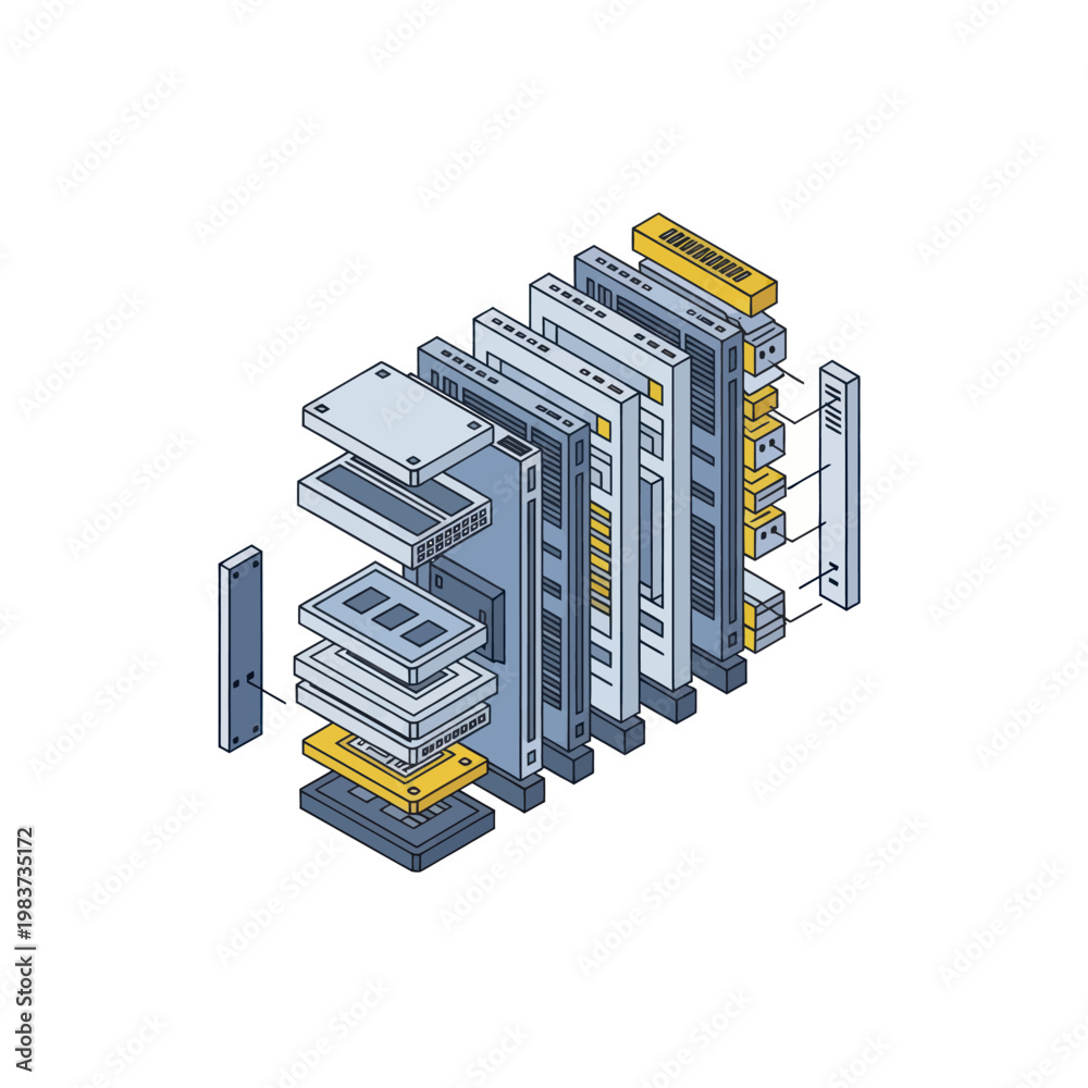 Isometric illustration of a server rack with multiple blade servers and ...