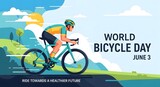 World bicycle day june 3 message promotes ride towards healthier future with professional cyclist in aero position on road bike against abstract nature landscape and bright sunny morning sky