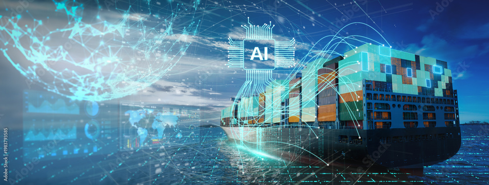 cargo ship with AI technology and big data analytics. Digital neural ...