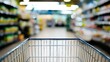 © The Little Hut - Perspective from inside a shopping cart moving through a brightly lit supermarket aisle