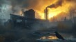 © dgete - silhouetted crow on concrete by a polluted abandoned factory with smoking chimneys, foggy pond reflections and an eerie orange twilight sky