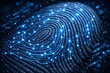 © veronica - Macro de huella digital humana con red de datos luminosa superpuesta, concepto de seguridad biométrica
