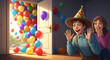 © eun - Vibrant multicolored helium balloons floating out from an open doorway into a bright minimalist room, capturing a moment of festive surprise, joyful celebration, and unexpected delight.