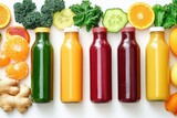 six colorful bottled fresh juices with oranges, tangerines, ginger, kale and cucumber on white background, vibrant and refreshing