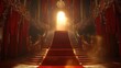 © Donna - Opulent double staircase in a gilded hall with red carpet, ornate balustrades and chandelier, bathed in golden light and drifting mist, evoking grandeur and mystery