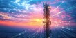 © KyleAnderson - telecommunication tower silhouette over glowing city skyline at sunset with streaming luminous data lines, vibrant futuristic sense of connection