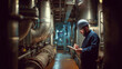 © Maksim Shebeko - Systems engineer analyzing complex machinery in a dimly lit industrial environment Generative AI
