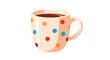 © Sondip - Colorful coffee mug with polka dots and dark brown liquid inside stands against a clean white background in a flat vector style.