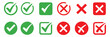 ©   - Check mark or tick mark and cross sign. Green check and red X icons, Right or wrong icons. Checkmark and x mark icon for apps and websites. Buttons for vote, election choice decision and web use.