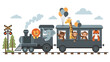 © Sabbir - Colorful toy train carrying a group of happy jungle animals like a lion, elephant, bear, giraffe, monkeys, and a tiger for children.