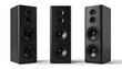 © EmbahNuri - Three sleek black tall speakers arranged in a row, isolated on a clean white background