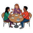 © Mica - Three friends are chatting and gesturing while sitting at a round table with coffee cups in a casual indoor setting.
