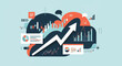 © Feri - Flat vector collage representing business data analytics with an upward growth arrow, stock market candlestick charts, line graphs, pie charts, and SEO marketing icons on blue.
