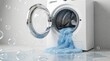 © Design Store - A front loading washing machine with a leak spilling water and laundry onto a tiled floor creating a mess