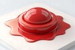 © Umair - A vibrant, highly reflective red button with a smooth, glossy domed top sits prominently on a pristine white surface, surrounded by an organic-shaped spill of matching red liquid that creates a striki
