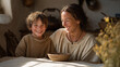 © forenna - Mother receiving handmade clay pottery from her child at a sunlit kitchen table scattered with dried wildflowers, soft afternoon shadows across linen tablecloth, genuine laughter mid-exchange, perfe