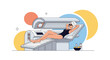 © Lyman - Modern illustration of a woman wearing sunglasses and a head towel relaxing in a professional solarium tanning bed for beauty treatment.