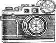 © Purple_Lamp - Vintage camera illustration with detailed lens and flash in black and white engraving