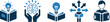 © Mehg - Minimalist blue icon set of knowledge and innovation with brain hands book lightbulb and directional arrows in horizontal layout
