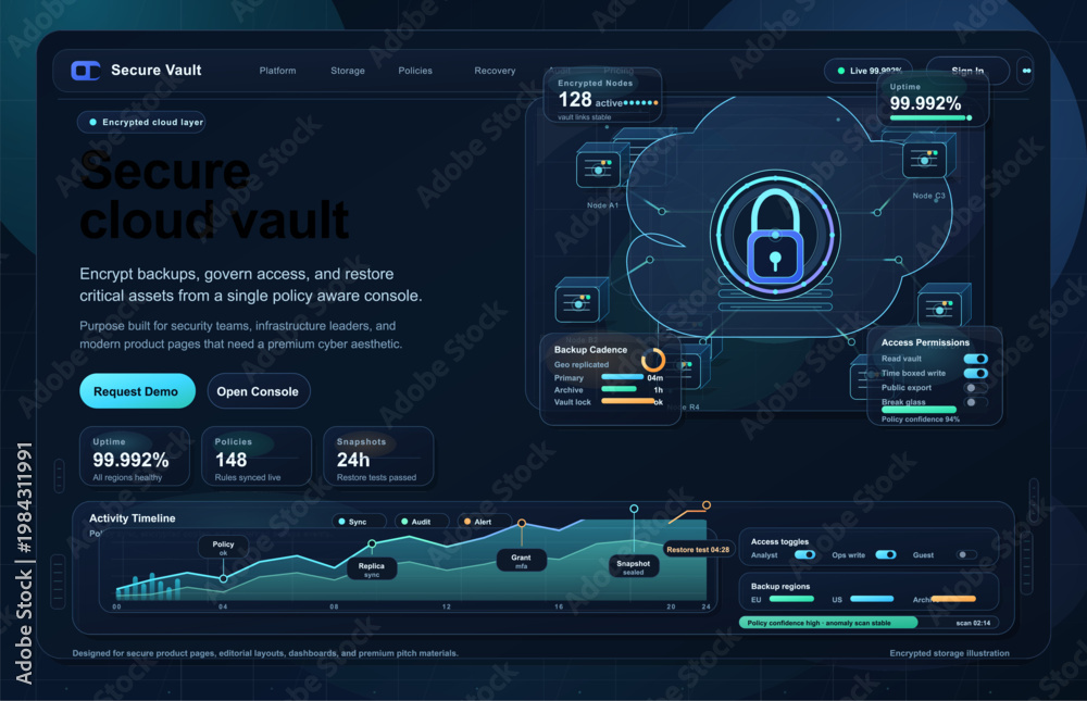 User Encryption Interface Secure cloud vault dashboard interface with encryption lock, backup ...