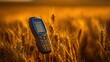 © Lo - Advanced spectral analysis device measuring chlorophyl in a sunlit wheat field at golden hour, representing precision agriculture and crop health.