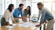 © Тимур Кунець - Meeting and presentation at the desk, coworkers gathered around documents and laptop, engaged discussion, modern office interior and clear daylight, productive corporate mood, ultra-realistic, no