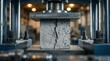 © Masque - A concrete cube being tested for strength in a compression machine with a visible crack.