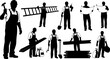 © salma - Collection of professional construction worker silhouettes holding various tools, carrying materials, and reviewing, isolated on white background
