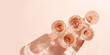 © yrabota - Wine Glasses of rose wine on pink background, sun flare and reflection from sunlight. Aesthetic banner from various crystal glasses, sparkling alcohol drinks, champagne, Summer romantic setting