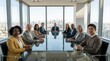 © Yauhen - Diverse professional team sitting around glass table in high-rise office. Serious atmosphere conveying leadership and success. Ideal for corporate branding and business presentations.