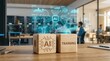 © Sukon - Wooden blocks representing AI training with a futuristic digital network hologram in a corporate office.