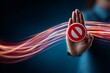 © R - Blocking progress? hands signaling ai refusal. Network communication. Enhanced tech imagery: hands grasping ai rejection symbol in digital network. Digital signals. Communication lines.